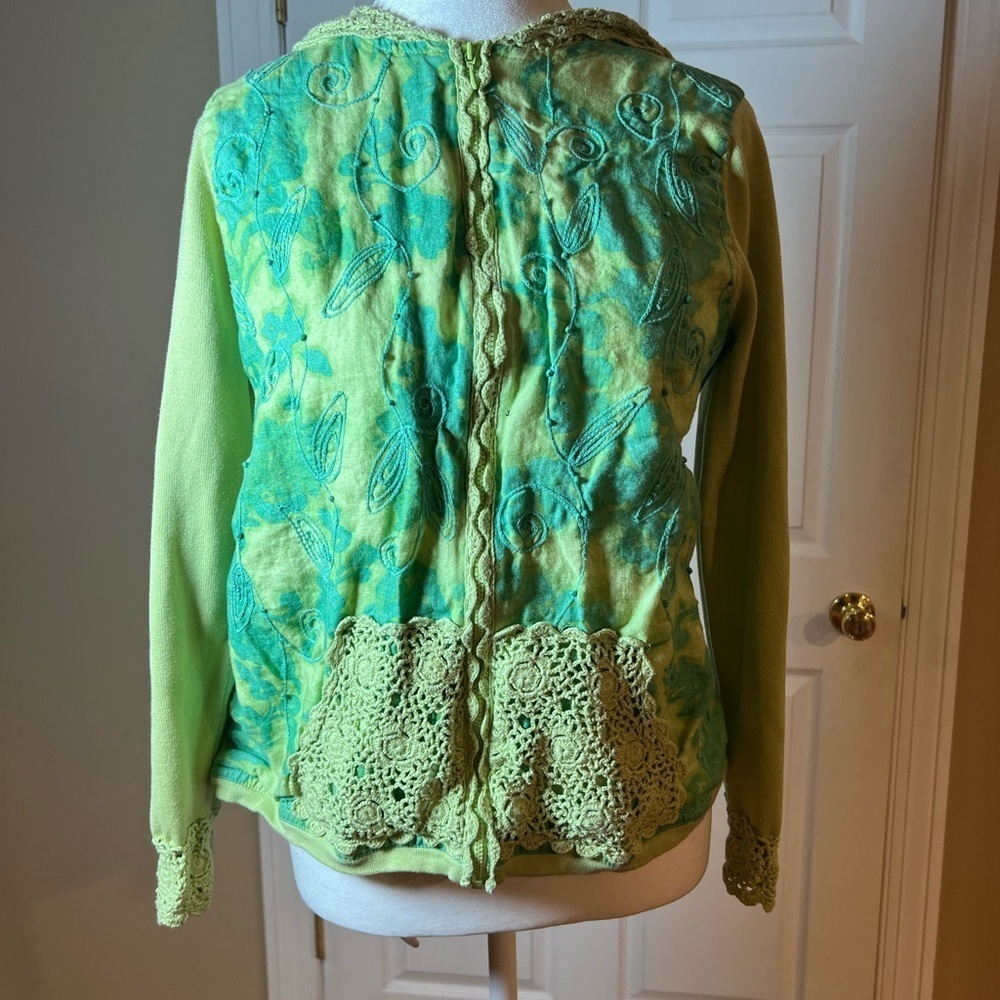 Sigrid Olsen Women's Size M Full Zip Sweater Green Blue Floral Long Sleeve Hood